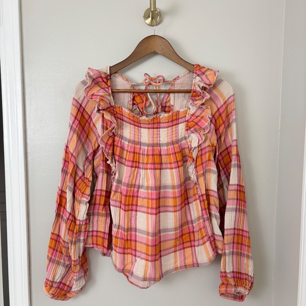 We The Free Plaid Top Women M Pink Orange Ruffle Smocked Fall Coquette Cabin